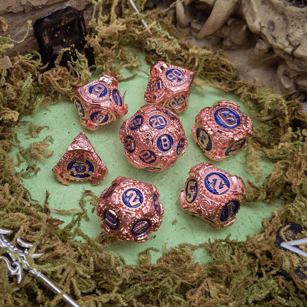 Gears Copper and Blue Metal Core Dice Set