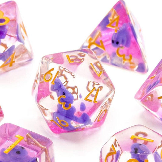 Purple T-Rex | Resin Inclusion Dice | 7-Polyhedral Set