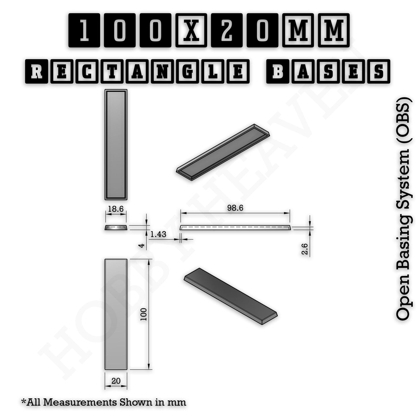 Rectangle Bases Range Sizes - 75x30mm to 125x40mm Medium Sizes 3d Print Full Range Tabletop Games