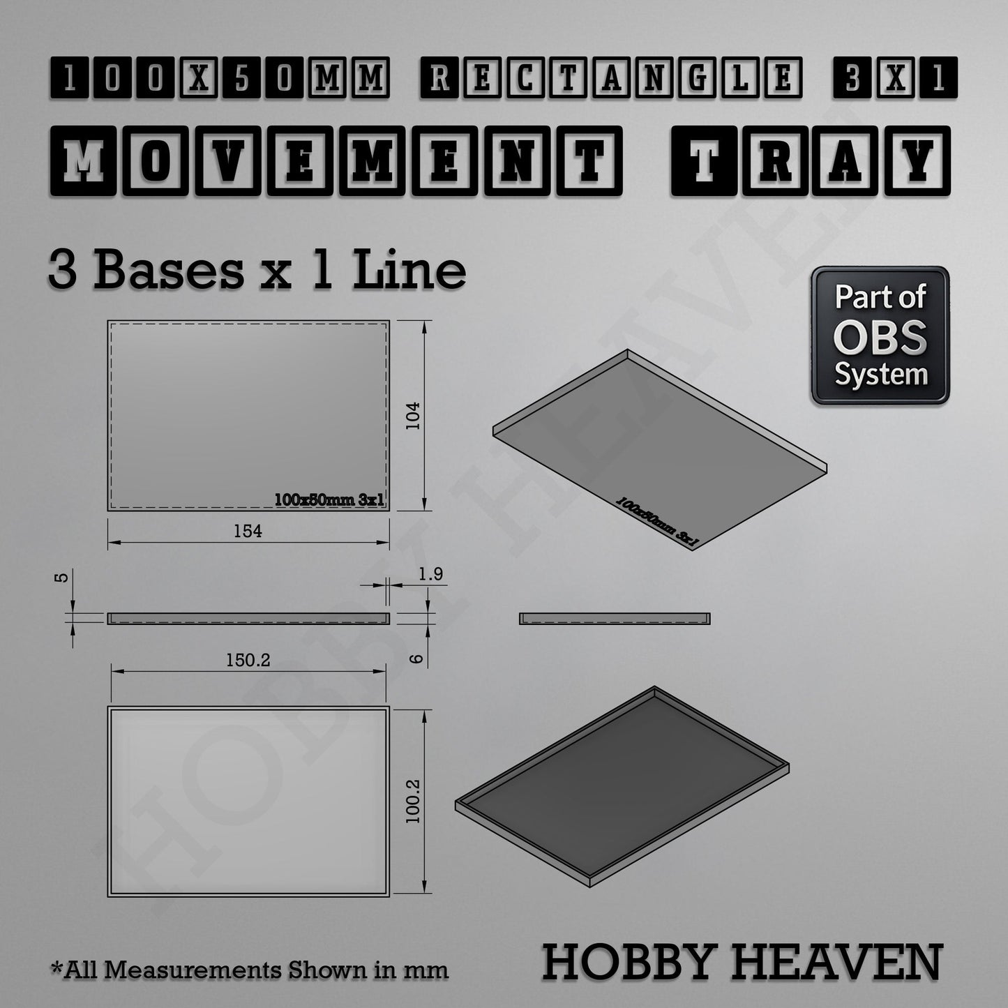 Rectangle Movement Trays | Cavalry & Monsters | 50×25-100×60mm | OBS System