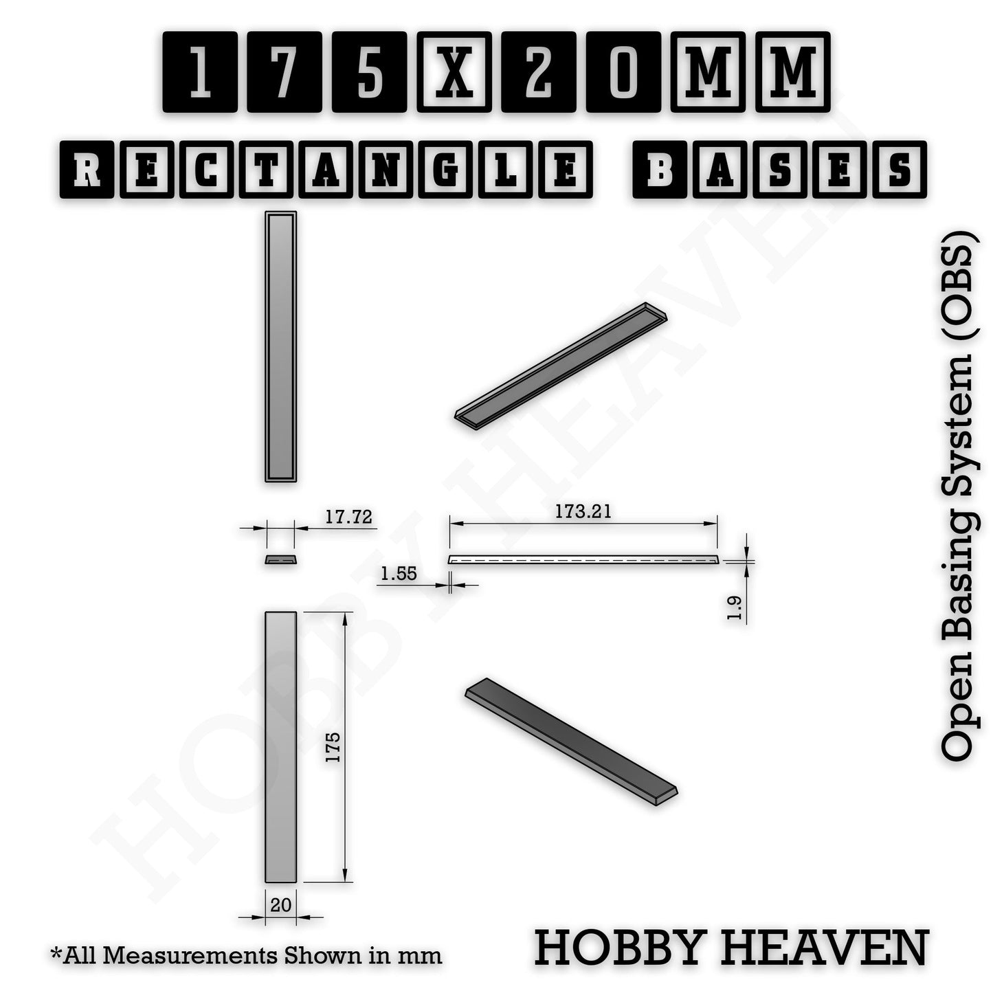 Rectangle Bases Range Sizes - 125x50mm to 200x175mm Large Sizes 3d Print Full Range Tabletop Games