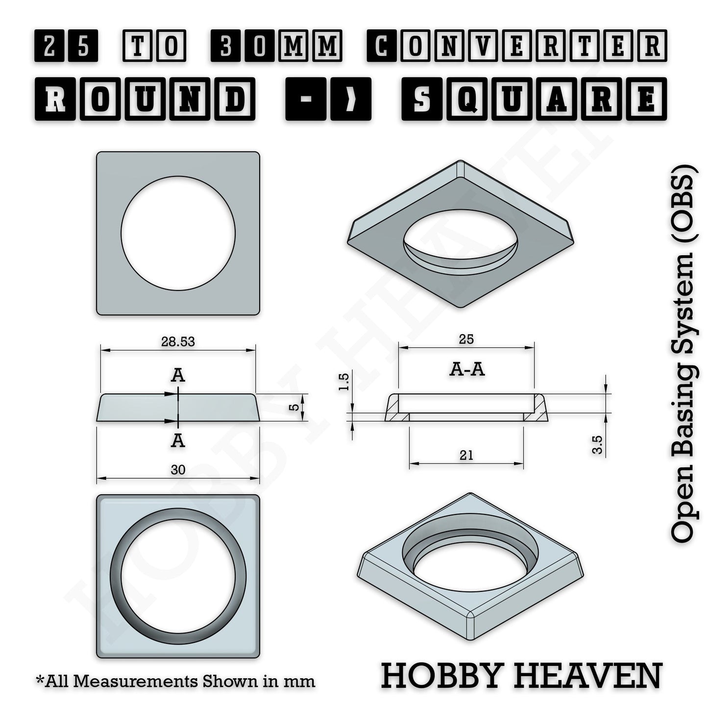 Round to Square Bases Shape and Size Converters 3d Print Full Range
