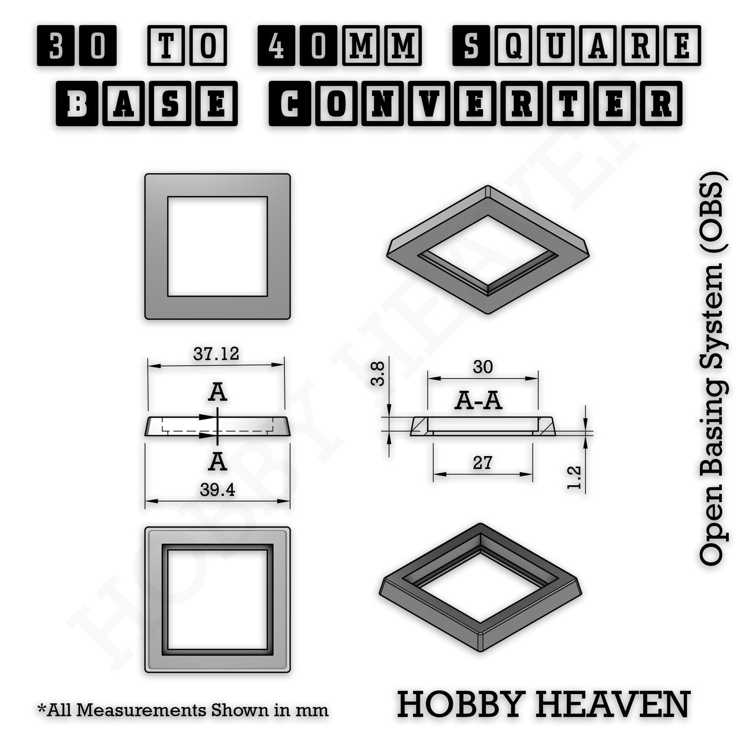 Square to Square Bases Size Converters 3d Print Full Range