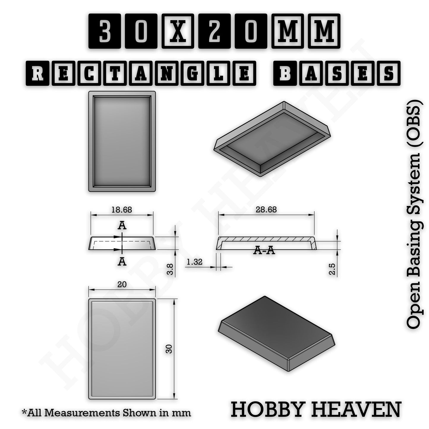 Rectangle Bases Range Sizes - 75x30mm to 125x40mm Medium Sizes 3d Print Full Range Tabletop Games