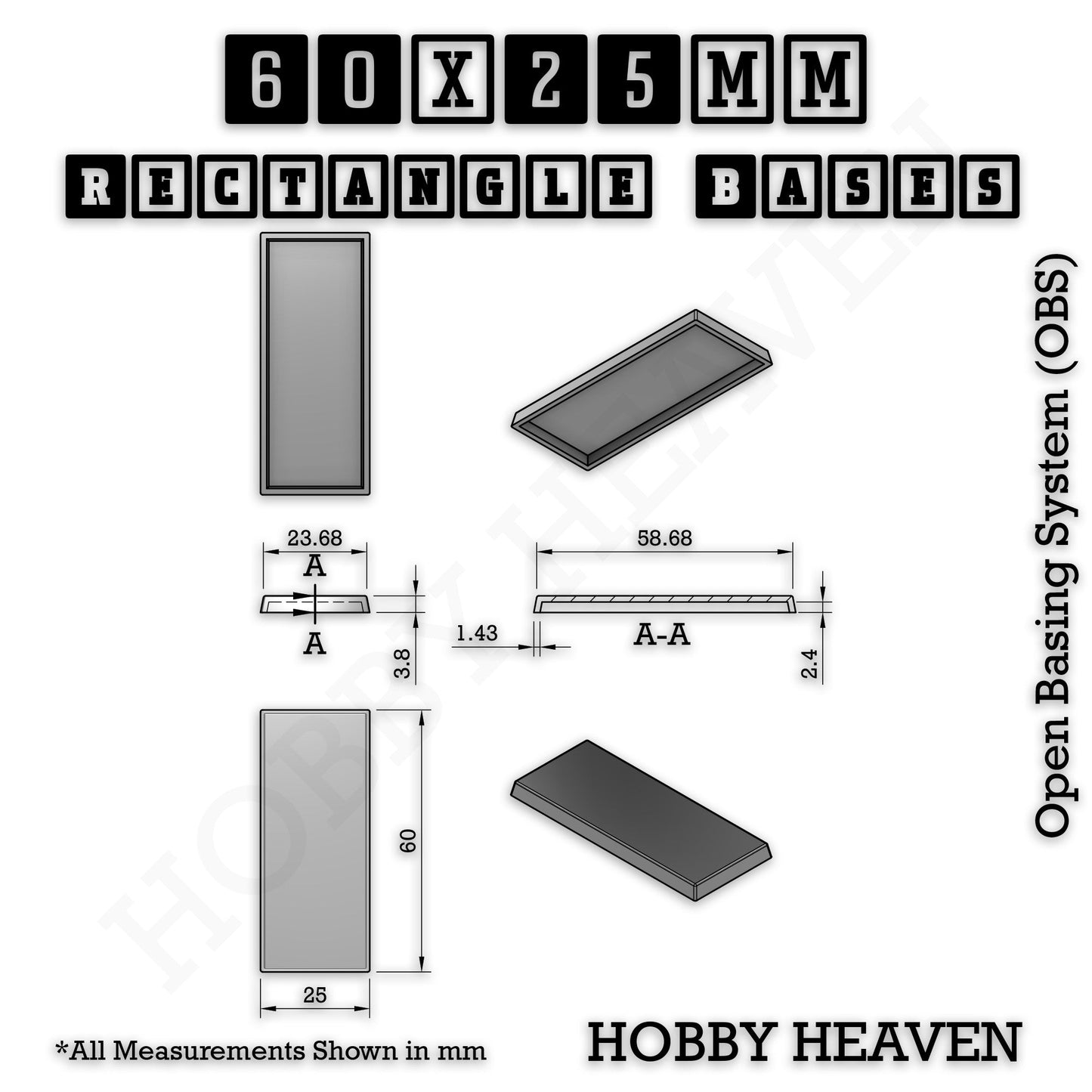 Rectangle Bases Range Sizes - 75x30mm to 125x40mm Medium Sizes 3d Print Full Range Tabletop Games