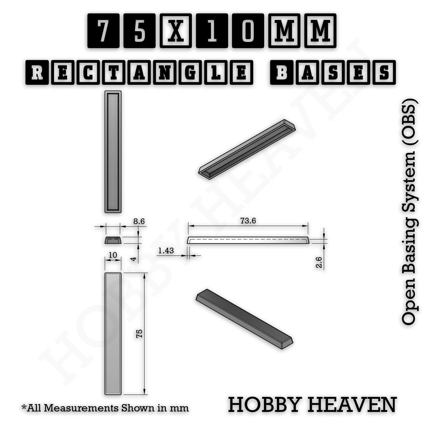 Rectangle Bases Range Sizes - 75x30mm to 125x40mm Medium Sizes 3d Print Full Range Tabletop Games