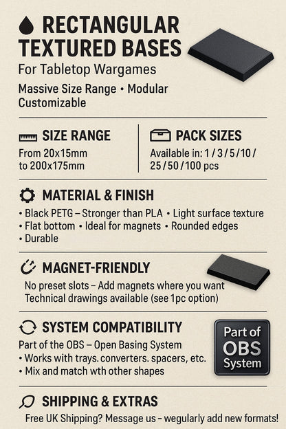 Rectangle Bases Range Sizes - 125x50mm to 200x175mm Large Sizes 3d Print Full Range Tabletop Games