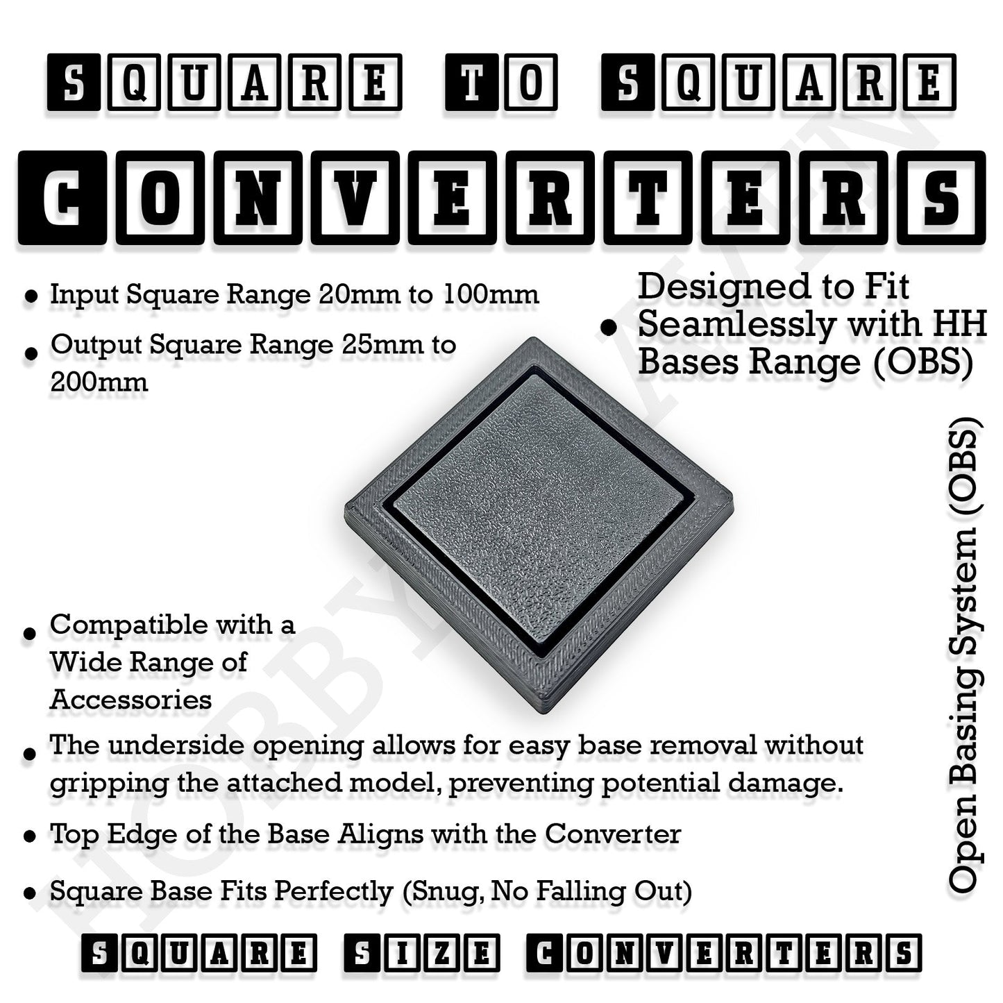Square to Square Bases Size Converters 3d Print Full Range