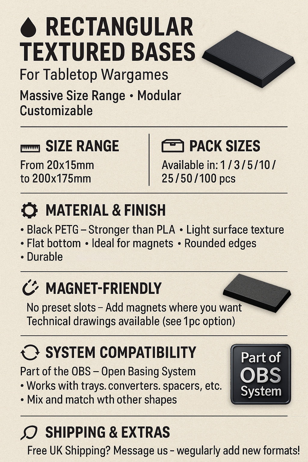 Rectangle Bases Range Sizes - 75x30mm to 125x40mm Medium Sizes 3d Print Full Range Tabletop Games