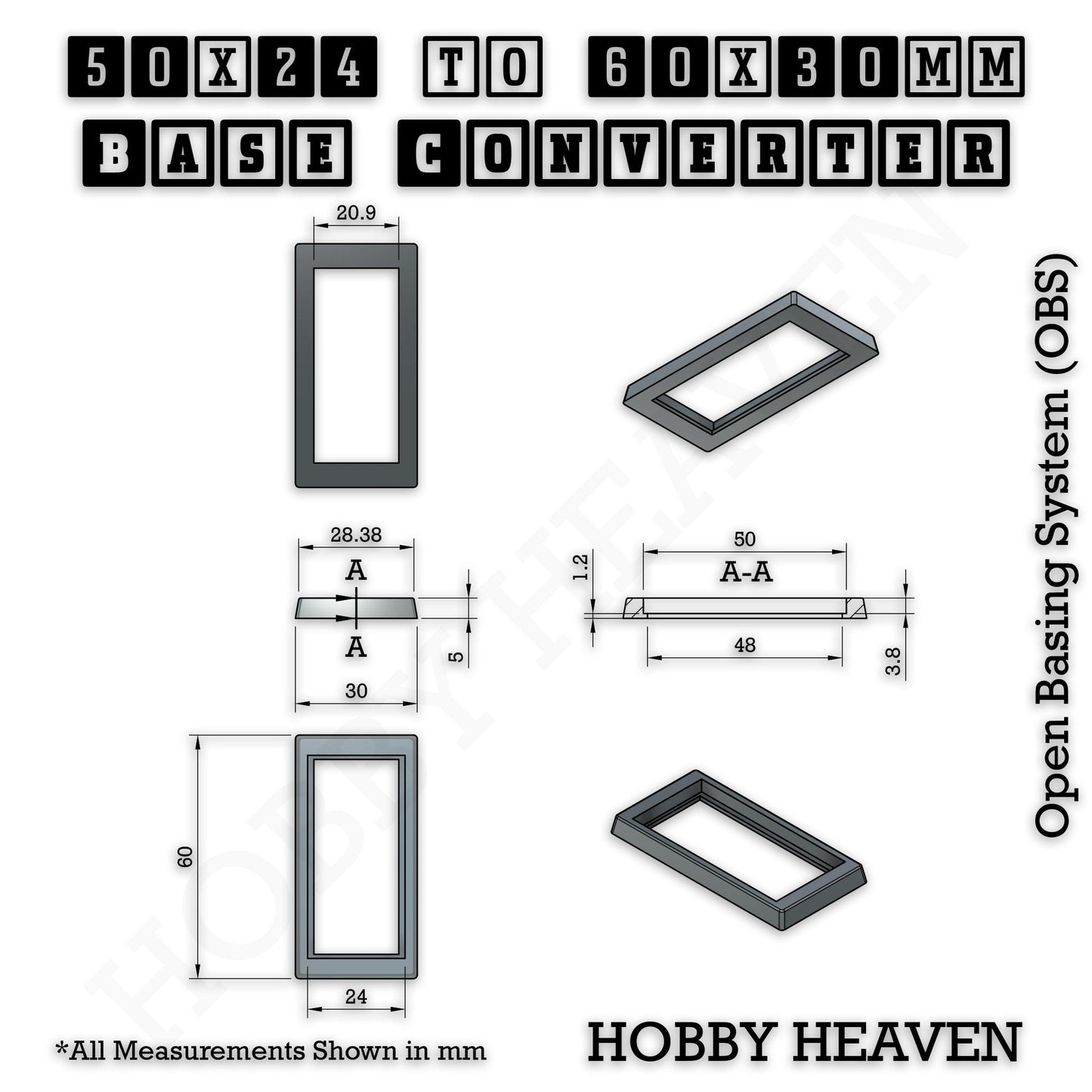 50x24mm to 60x30mm Rectangle Bases Converters ABS Plastic