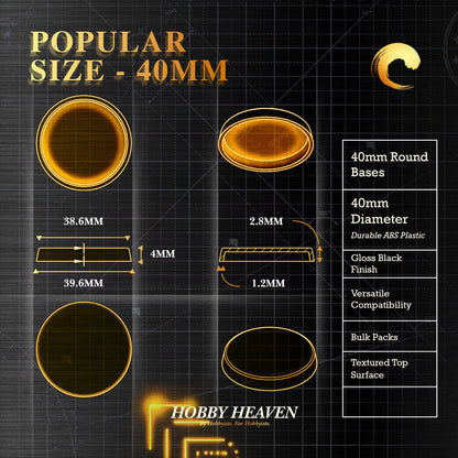 40mm Round Bases | Plain Black Plastic Bases for Wargames| Miniature Wargaming Bases