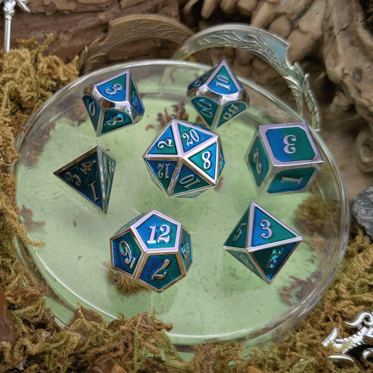 Dual Tone Green Blue and Silver Metal Core Dice Set
