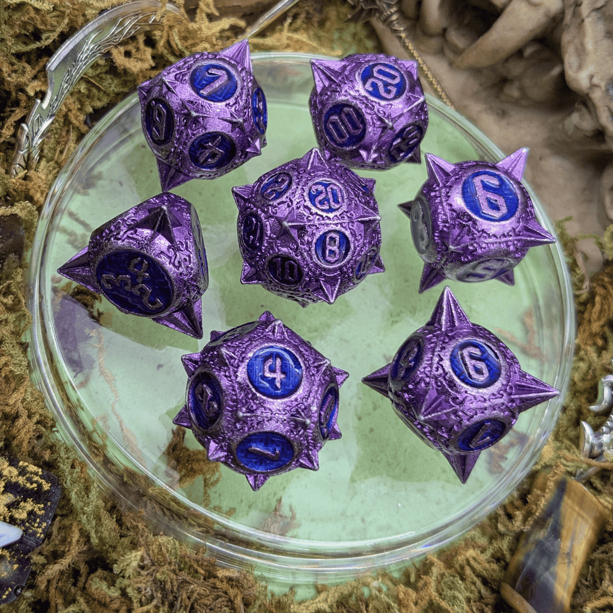 Caltrops Purple and Blue Metal Core Dice Set