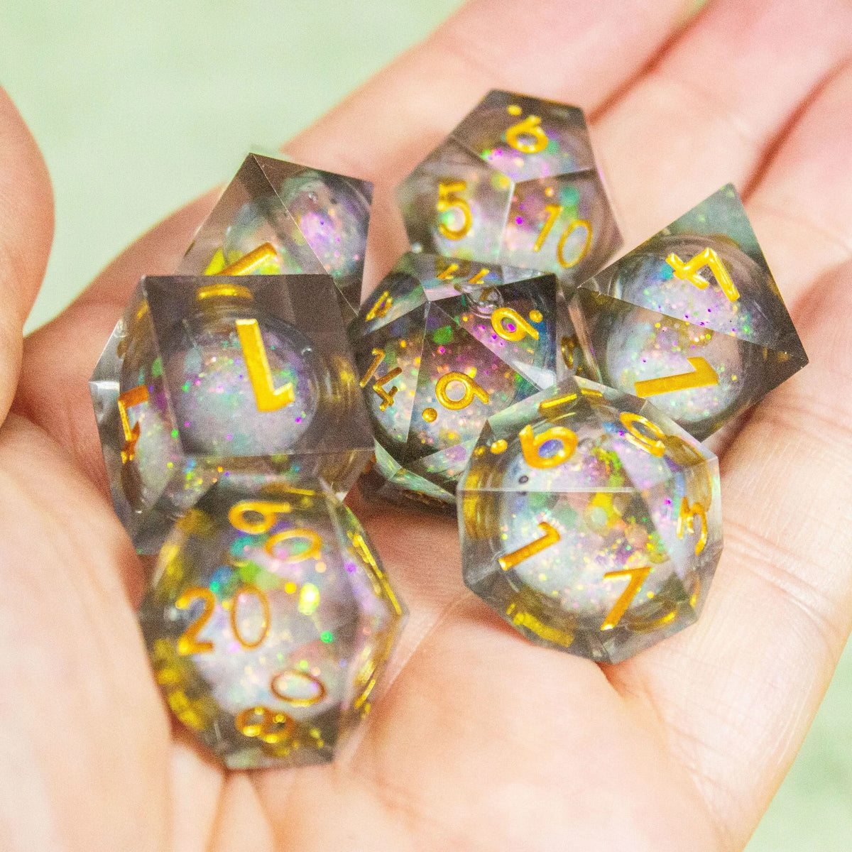 Black Liquid Core Shimmer Dice with Gold Numbering