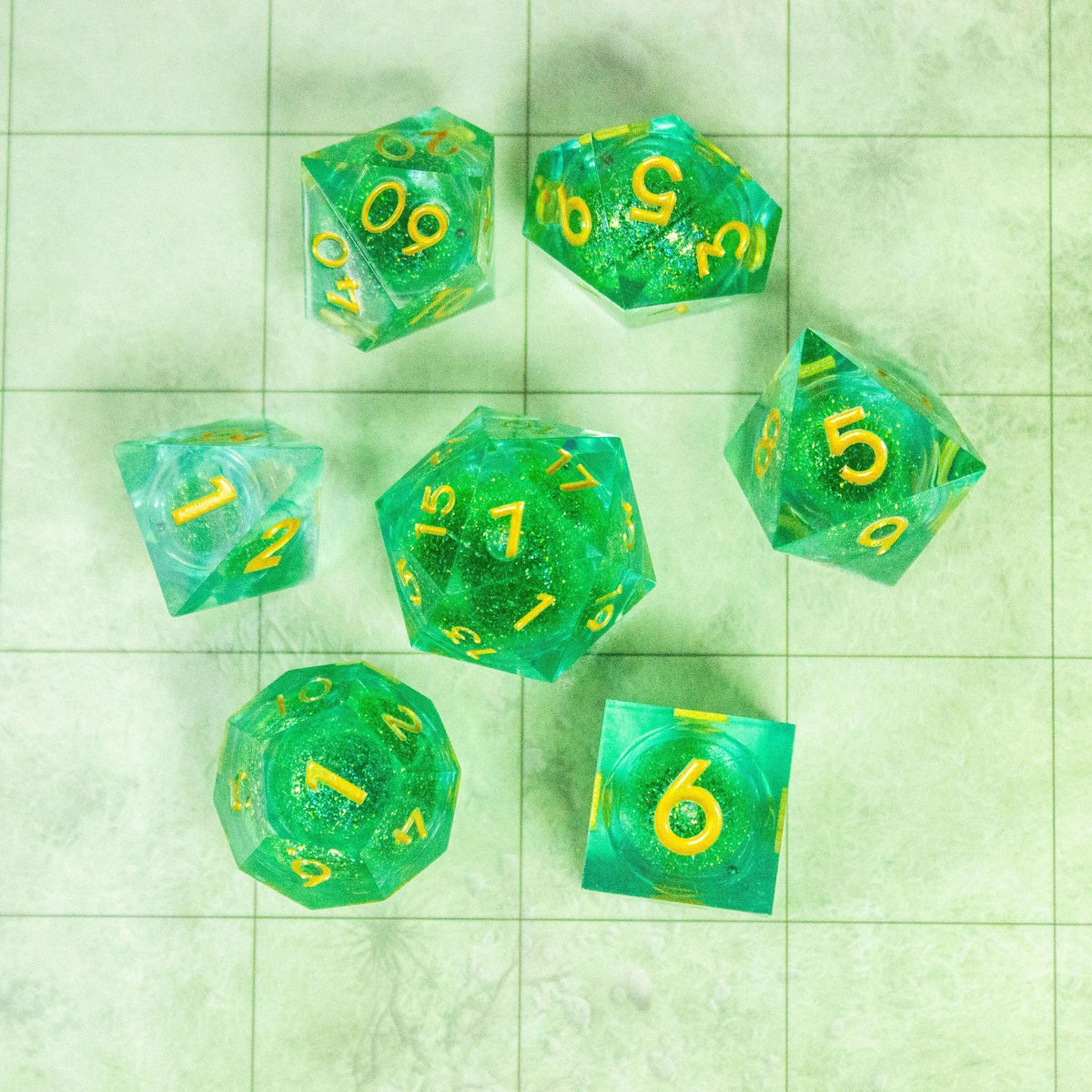 Green and Gold Shimmer Liquid Core Dice Set