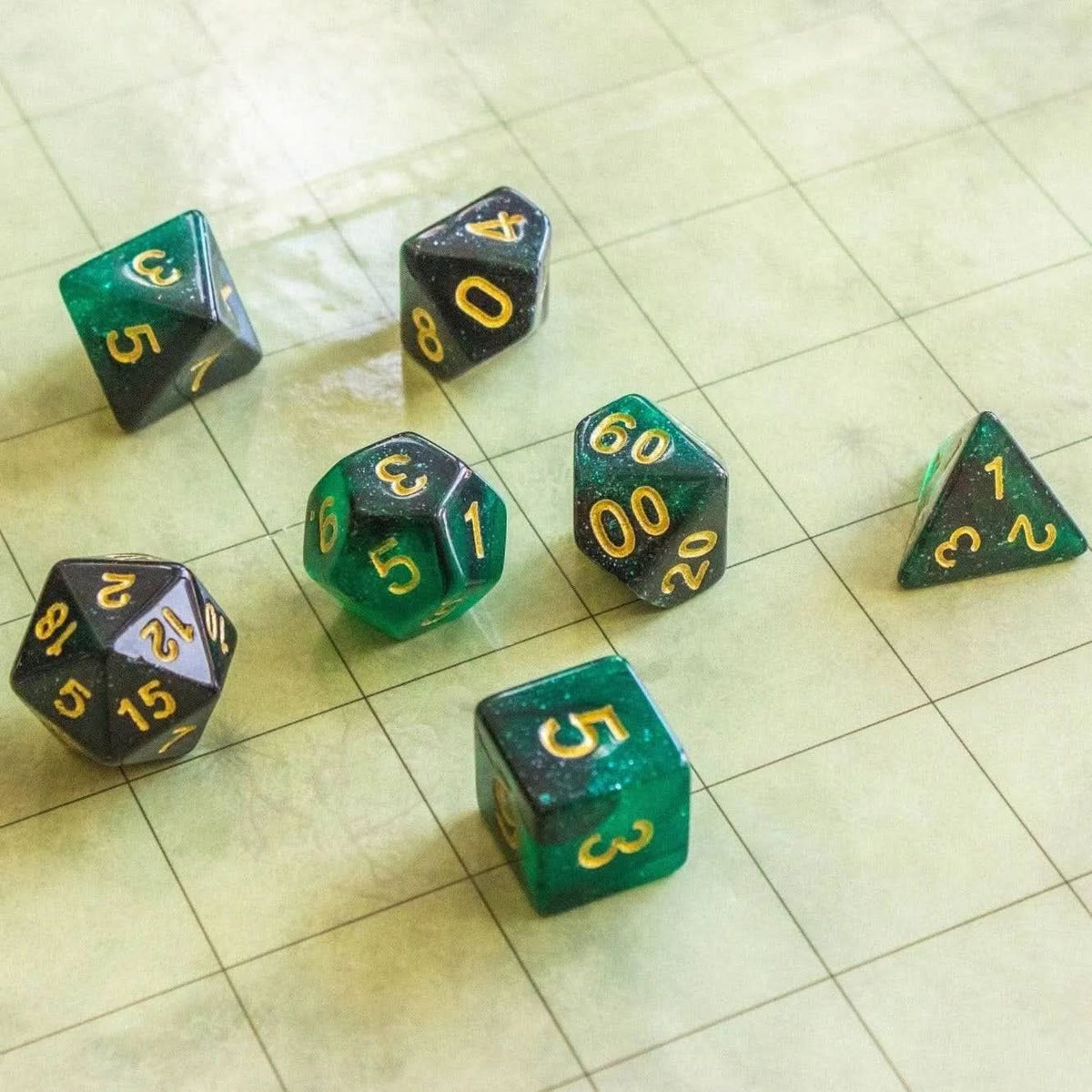 Green and Black Galaxy Dice Set