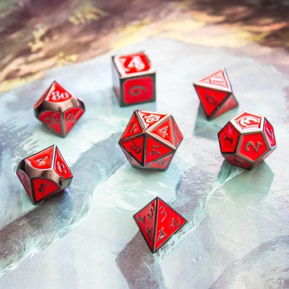 Red with Black outline Metal Dice Set