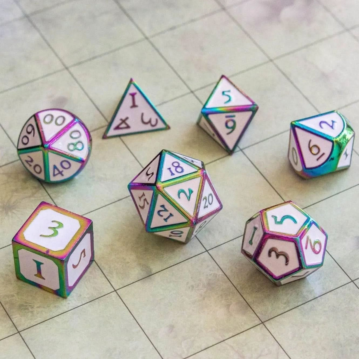 White and Rainbow Metal Dice Set