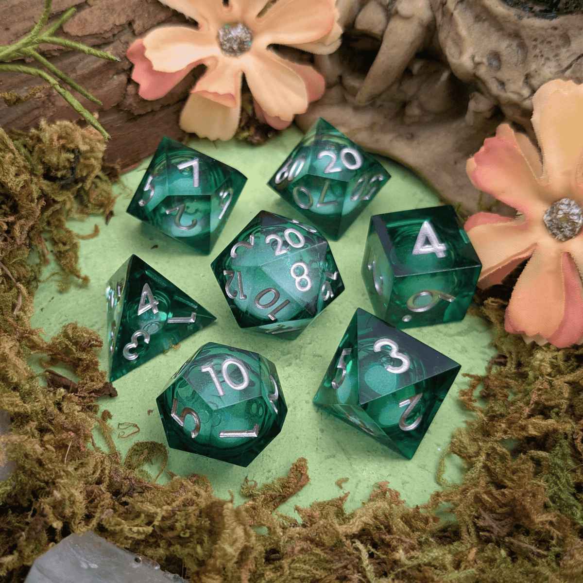 Shimmer Green and Silver Liquid Core Dice Set