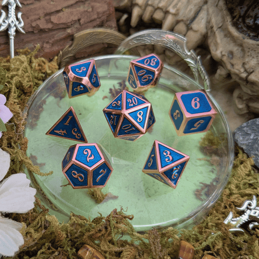 Blue and Rose Gold Metal Dice Set