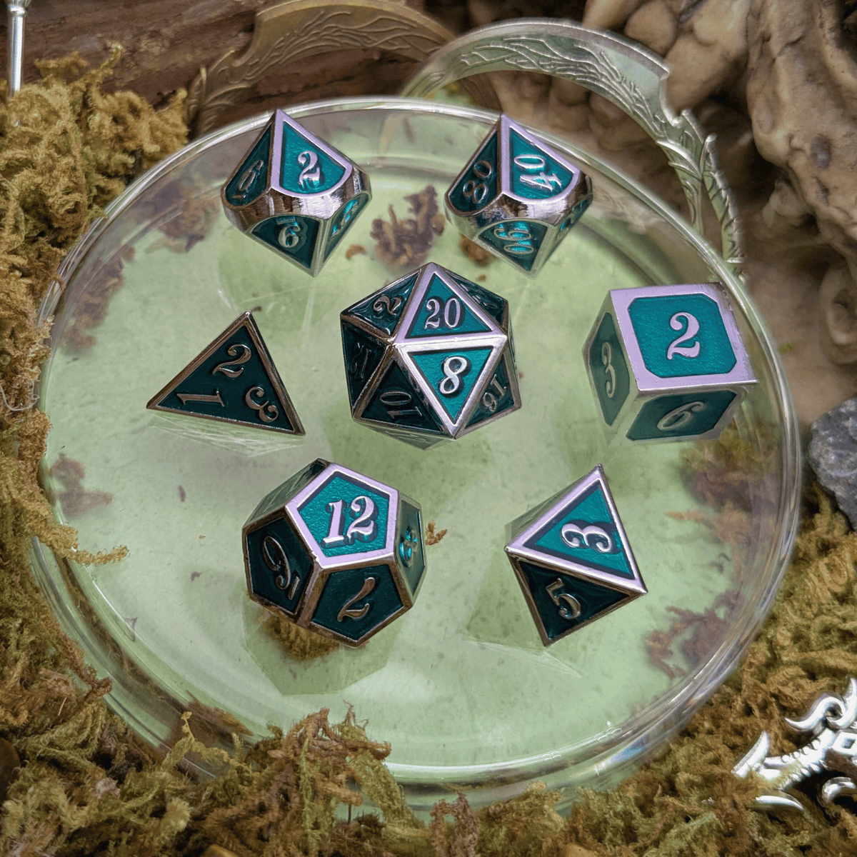 Simple Green and Silver Metal Core Dice Set