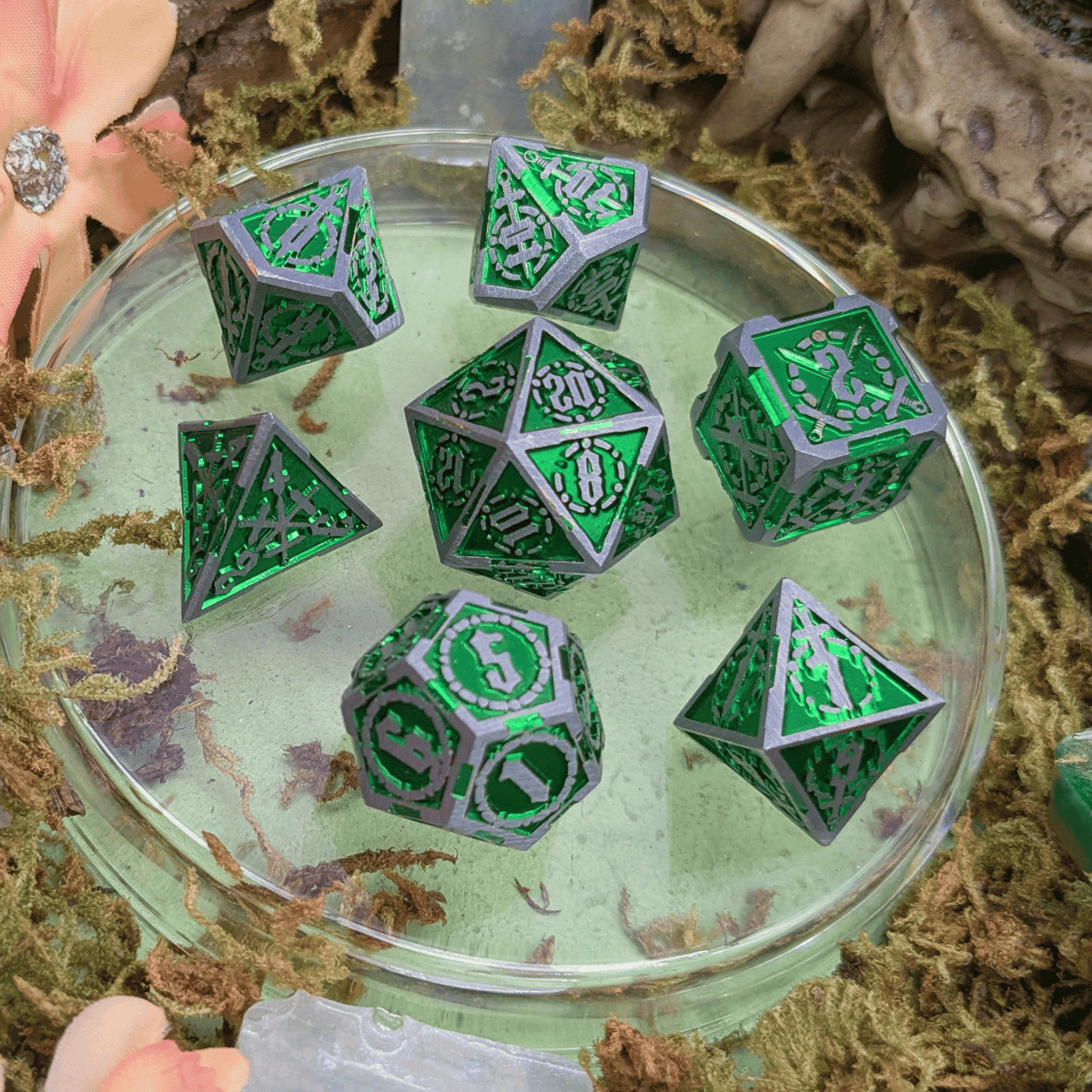 Swords Green and Silver Metal Core Dice Set